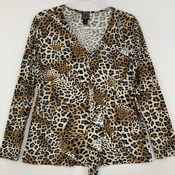 Clara Sun Woo Medium Black Brown Leopard Print Ruffle Detail V neck Stretch Top - Picture 1 of 10